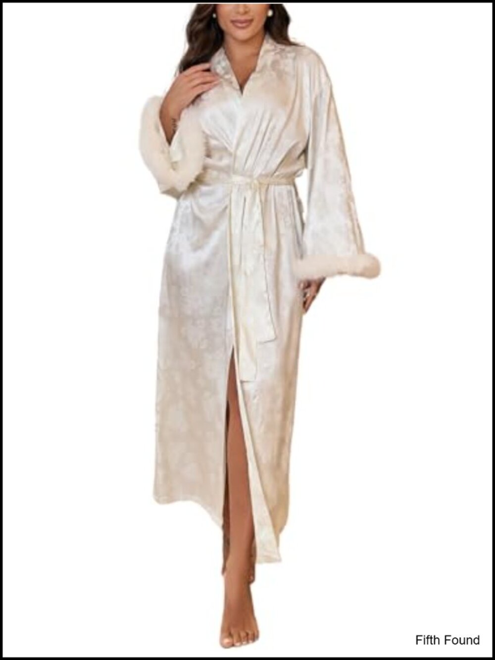 Bridal Satin Long Robe Faux Fur Trim Floral Jacquard Getting Ready Wedding